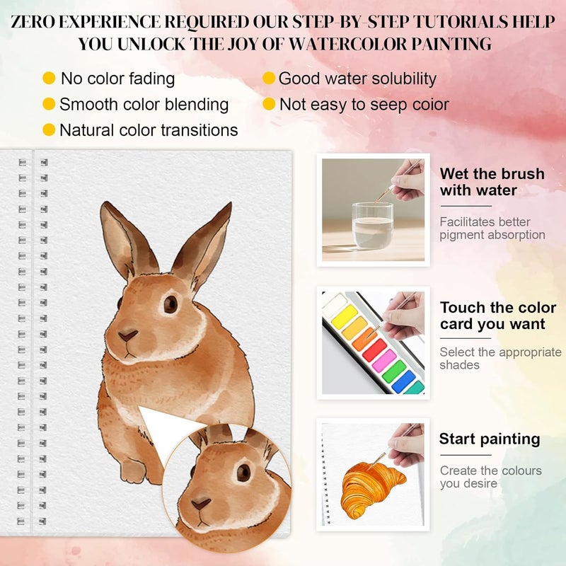 apolyone Watercolor Workbooks- 2 Pack Beginner Workbooks with 24 Coloring Book Pages - 12 Color blocks and a Brush - Watercolor Paper 300gsm/140lb - Gift for Women, Adults, Beginners (Garden & Animals) - Image 5